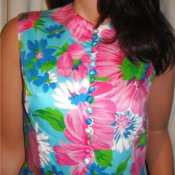 Vintage Gregg Draddy Floral Blue Pink Dress M - Picture 2 of 5